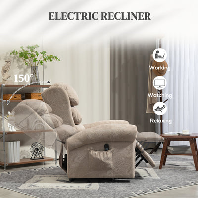 HOMCOM Power Lift Recliner Chair for Elderly, Velvet Electric Riser and Recliner Armchair for Living Room with Remote Control, 2 Side Pockets, Thick Padded Back, Khaki 