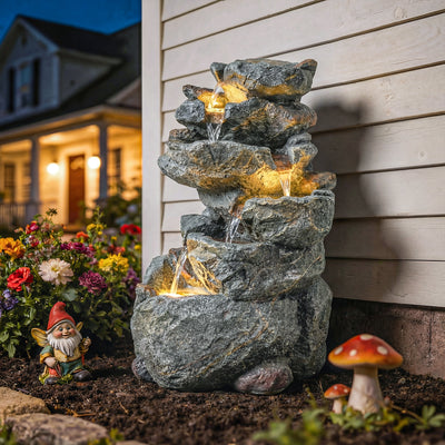 Outsunny Outdoor Water Fountain with 6-Tier Rock Style, Cascading Waterfall Feature with LED Lights, Adjustable Flow, Grey 