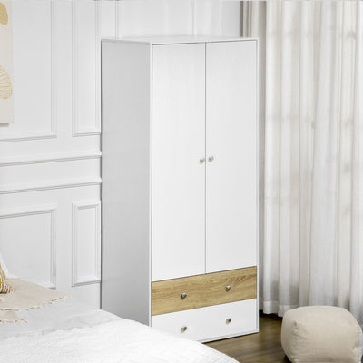HOMCOM 2-Door Wardrobe with 2 Drawers, Hanging Rod and Anti-tipping Straps for Bedroom Clothes Storage Organisation, White 