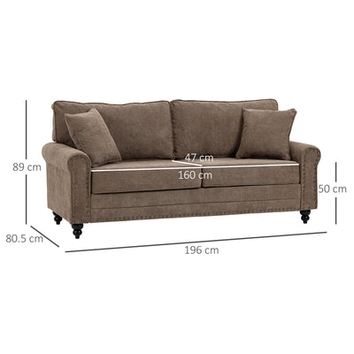 HOMCOM 3 Seater Sofas for Living Room, Fabric Sofa with Nailhead Trim, Cushions and Pillows, Brown 