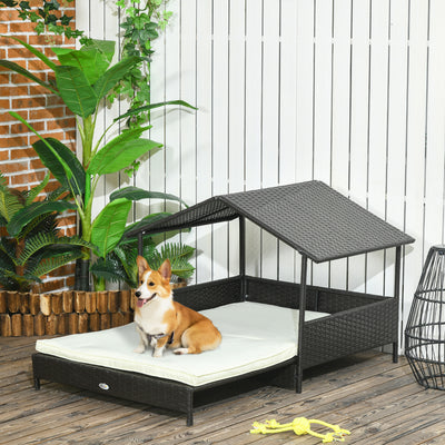PawHut Extendable Elevated Dog Bed, Rattan Dog House, with Water-Resistant Roof, Removable Cushion, Cream 