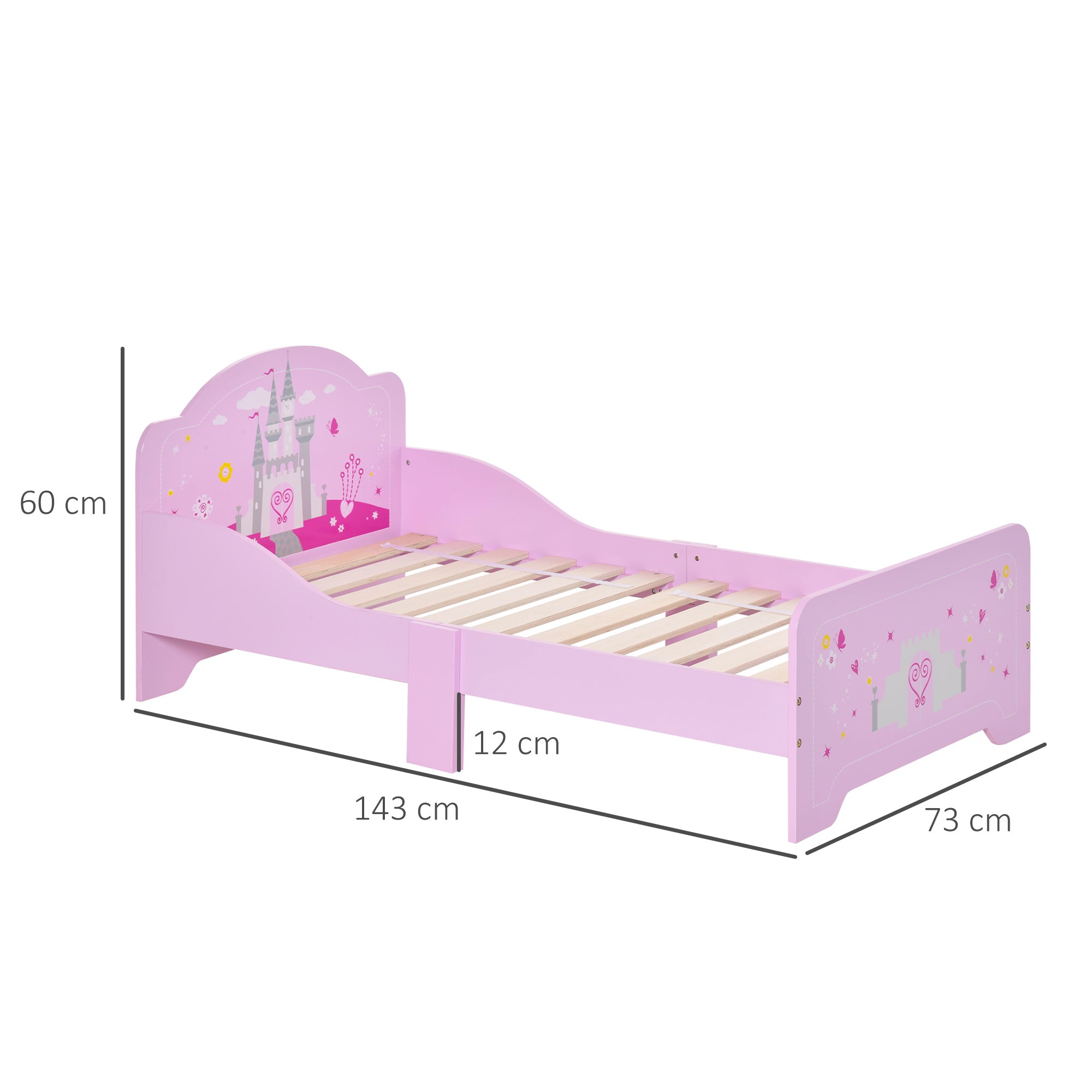 HOMCOM Kids Bed Princess Castle Theme w/ Side Rails Slats Home Furniture for 3 - 6 Yrs Pink 143 x 73 x 60 cm 