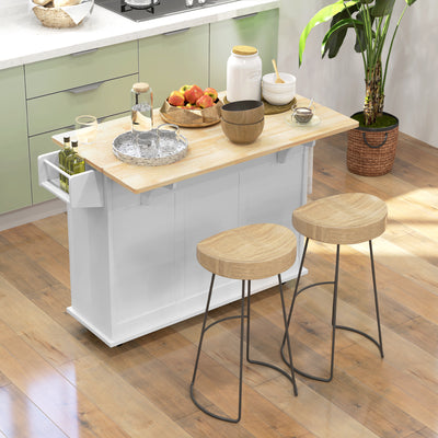 HOMCOM Kitchen Island with Drop Leaf, Rolling Kitchen Storage Trolley on Wheels with 3 Drawers, Spice Rack and Towel Rack, Storage Cart with Rubber Wood Top, White 