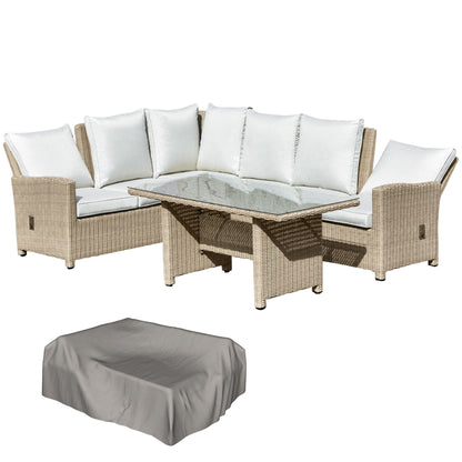 Outsunny 5 PCS Reclining PE Rattan Garden Dining Set Bonzer Patio Furniture w/ Sofa Chairs Glass Table, Olefin Cushions Adjustable Feet Stylish Lounge Conversation 