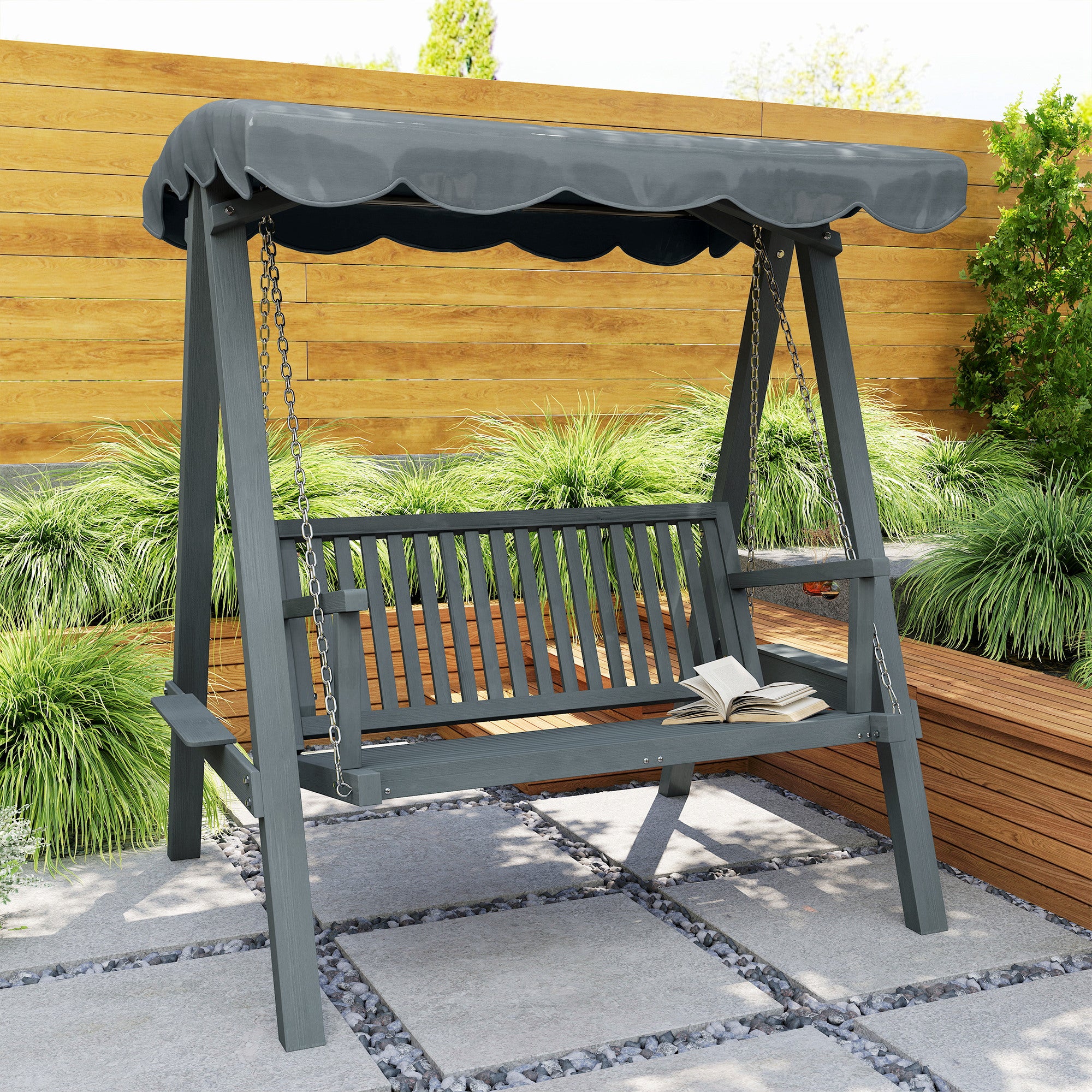 Outsunny 2 Seater Garden Swing Seat with Canopy, Wooden Swing Chair, Outdoor Hammock Bench for Balcony Patio Porch, Grey 