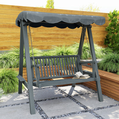 Outsunny 2 Seater Garden Swing Seat with Canopy, Wooden Swing Chair, Outdoor Hammock Bench for Balcony Patio Porch, Grey 