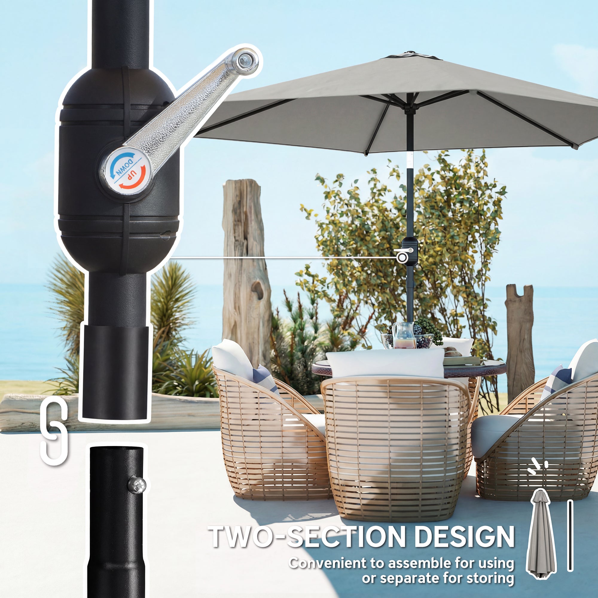 Outsunny 2.6 m Garden Parasol Umbrella with Aluminium Pole, Outdoor Patio Umbrella with Tilt and Crank, Vent, Light Grey 