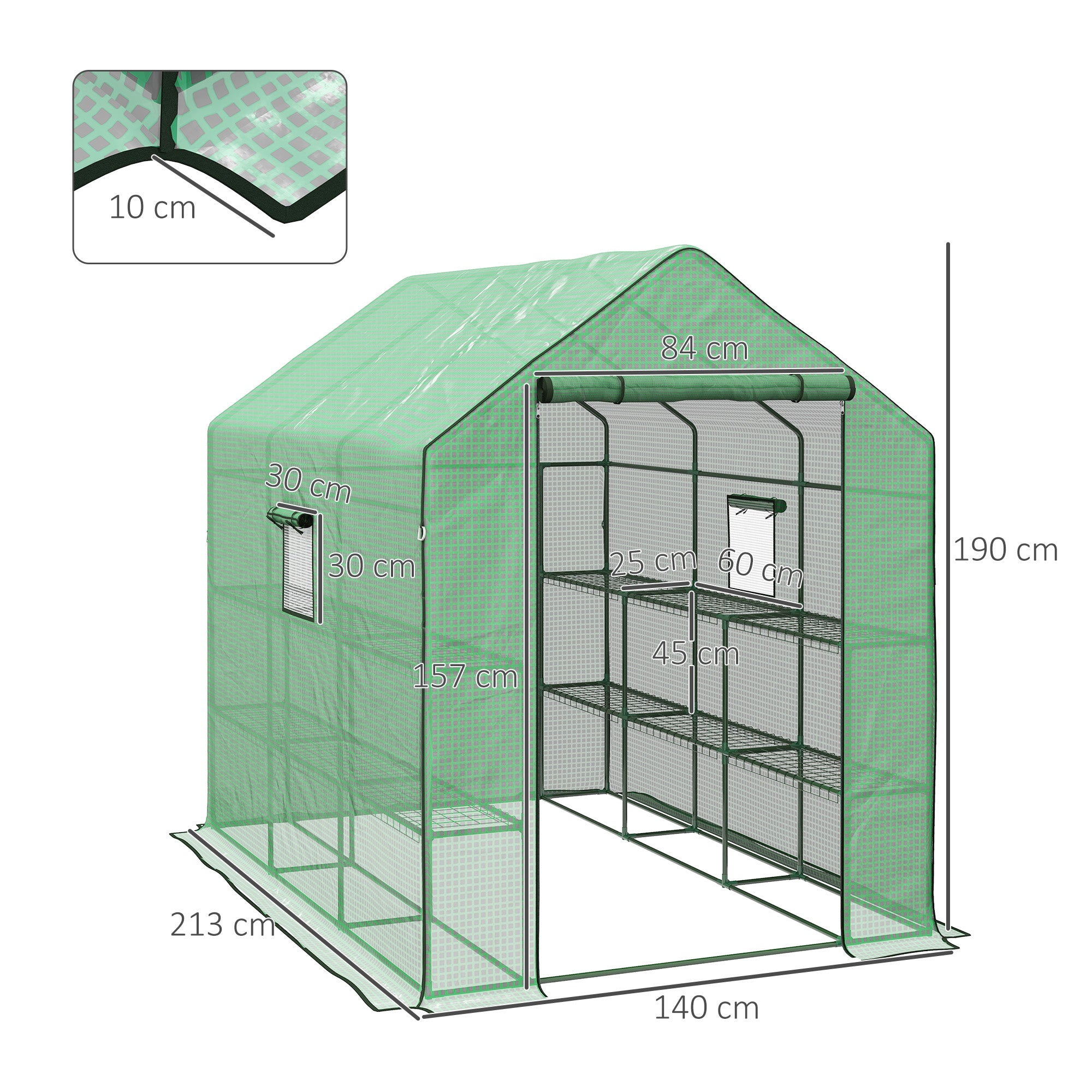 Outsunny Walk-in Greenhouse with 3 Tier 12 Shelves, Small Greenhouse with Reinforced PE Cover, Garden Plant Growhouse with Roll-up Door and Three Mesh Windows, 140 x 213 x 190 cm, Green 