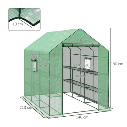 Outsunny Walk-in Greenhouse with 3 Tier 12 Shelves, Small Greenhouse with Reinforced PE Cover, Garden Plant Growhouse with Roll-up Door and Three Mesh Windows, 140 x 213 x 190 cm, Green 