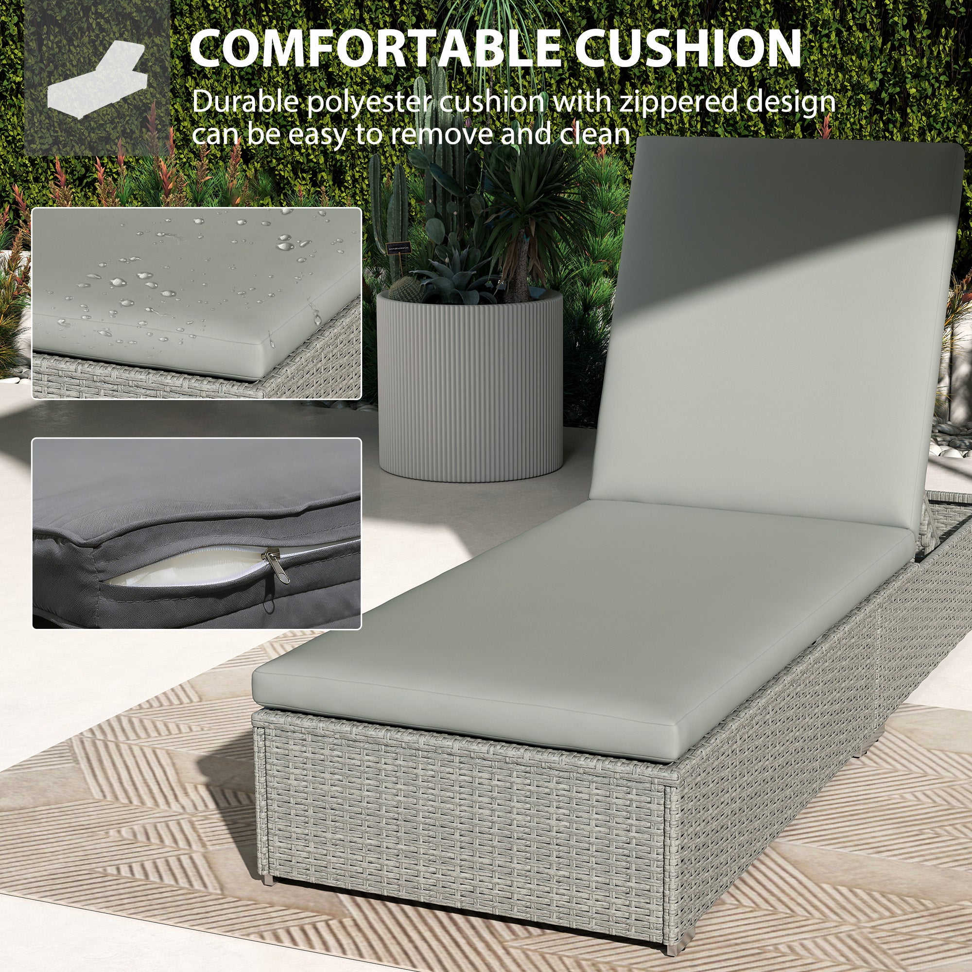 Outsunny Rattan Sun Lounger, Five-Position Reclining Garden Lounger Bed with Cushion, Light Grey 