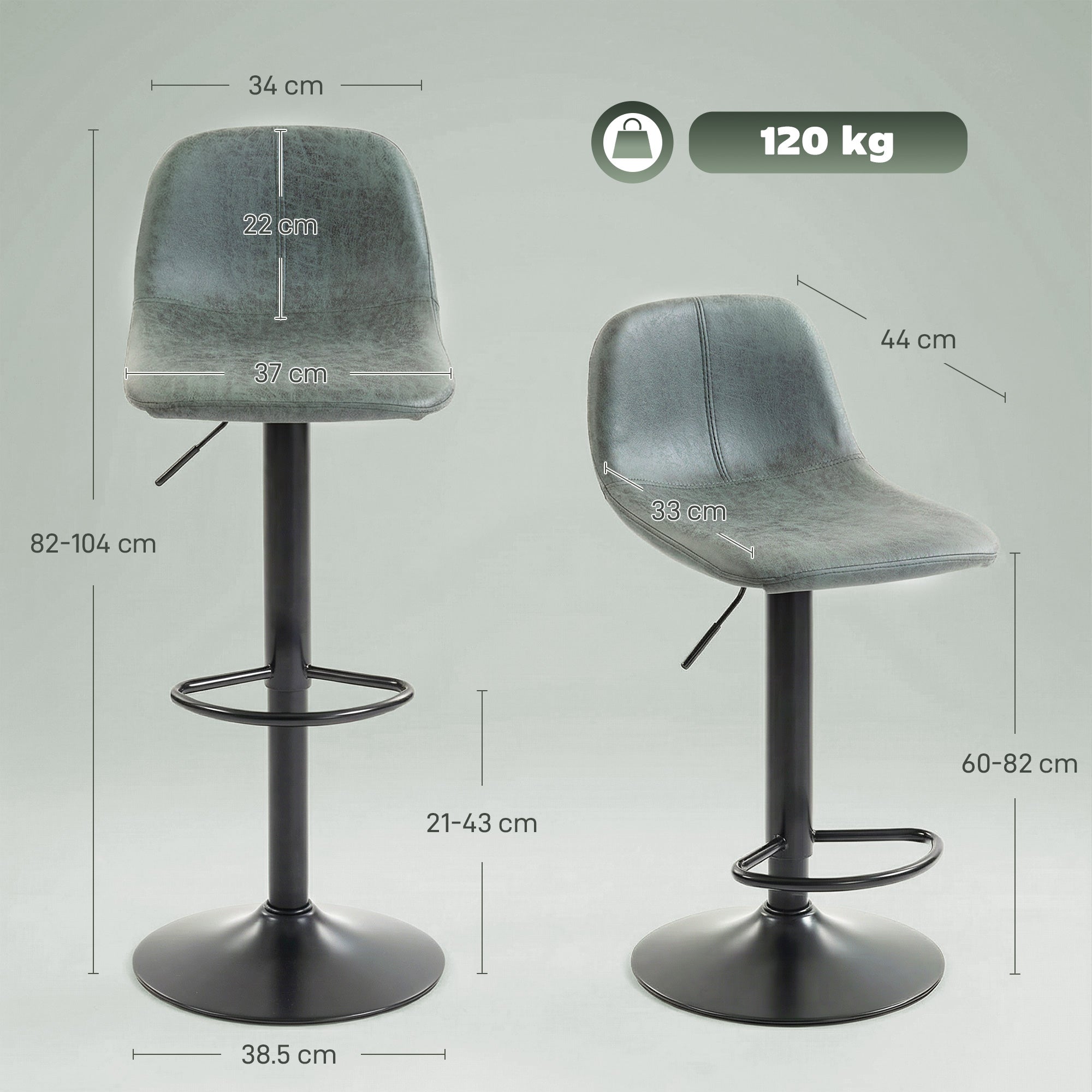 HOMCOM Bar Stools Set of 2, Modern Swivel Barstools with Footrest for Kitchen Island and Dining Room, Green 