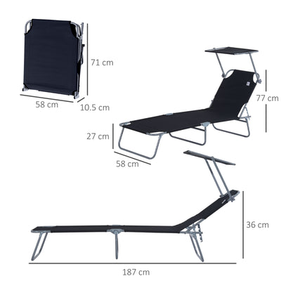 Outsunny Outdoor Foldable Sun Lounger, 4 Level Adjustable Backrest Reclining Sun Lounger Chair with Angle Adjust Sun Shade Awning for Beach, Garden, Patio, Black 