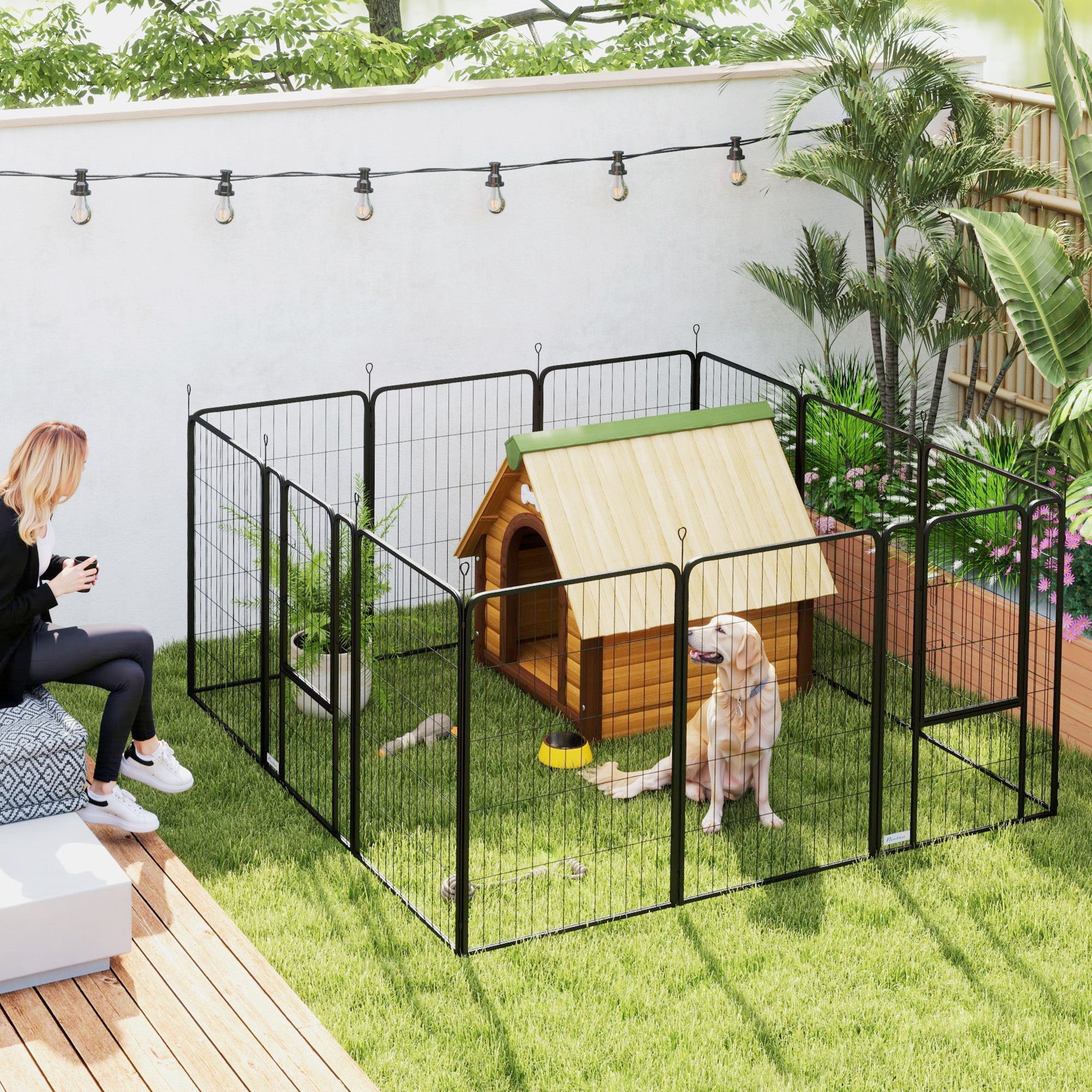 PawHut 12 Panels Heavy Duty Dog Playpen with Doors, for Large Dogs, 100cm High, Black 