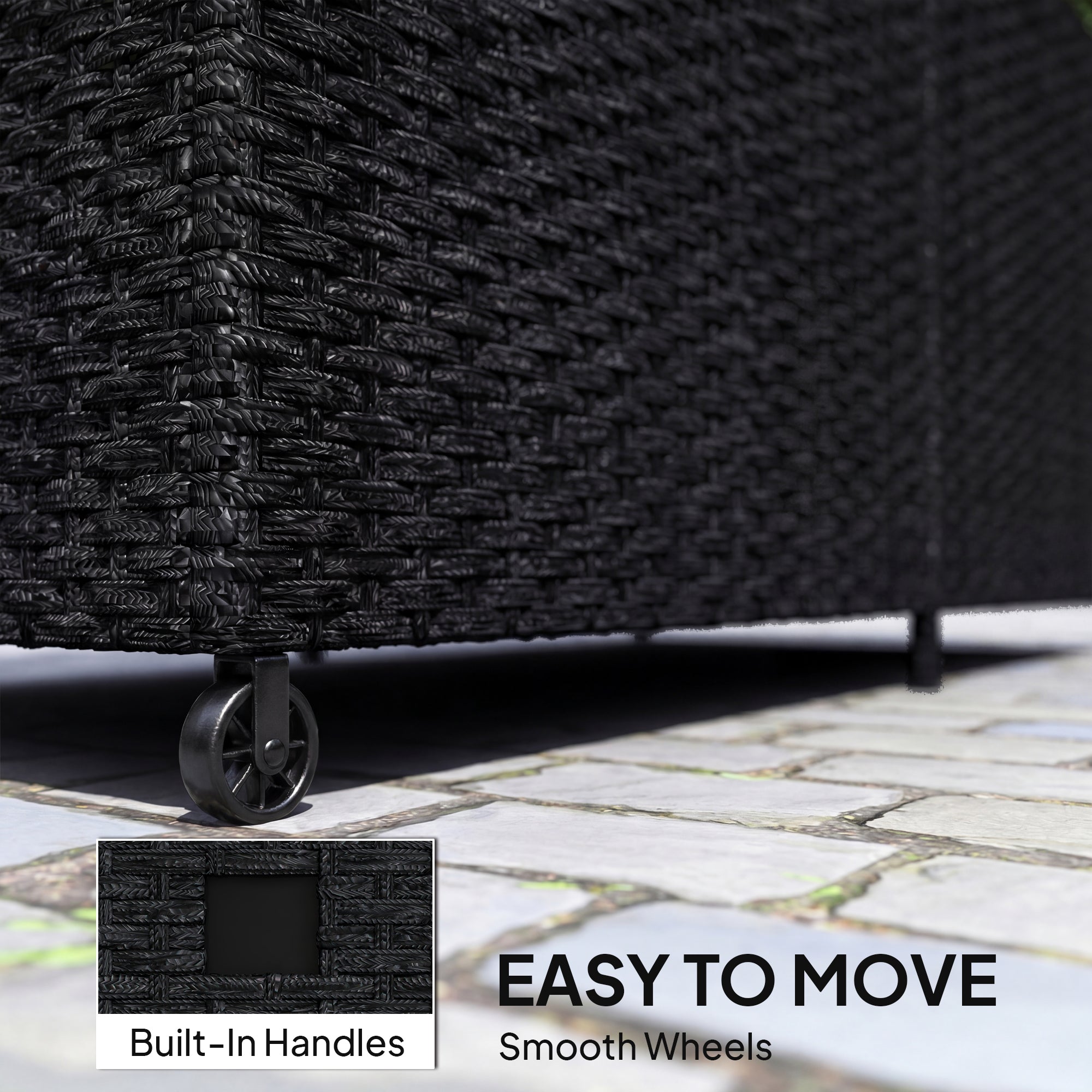 Outsunny 650L Garden Storage Box with 2 Wheels, Rattan Deck Box with Waterproof Zipped Liner, Safe Pneumatic Rods, Black 
