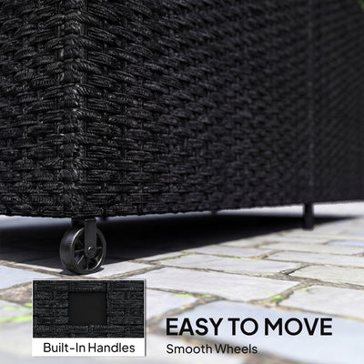 Outsunny 650L Garden Storage Box with 2 Wheels, Rattan Deck Box with Waterproof Zipped Liner, Safe Pneumatic Rods, Black 