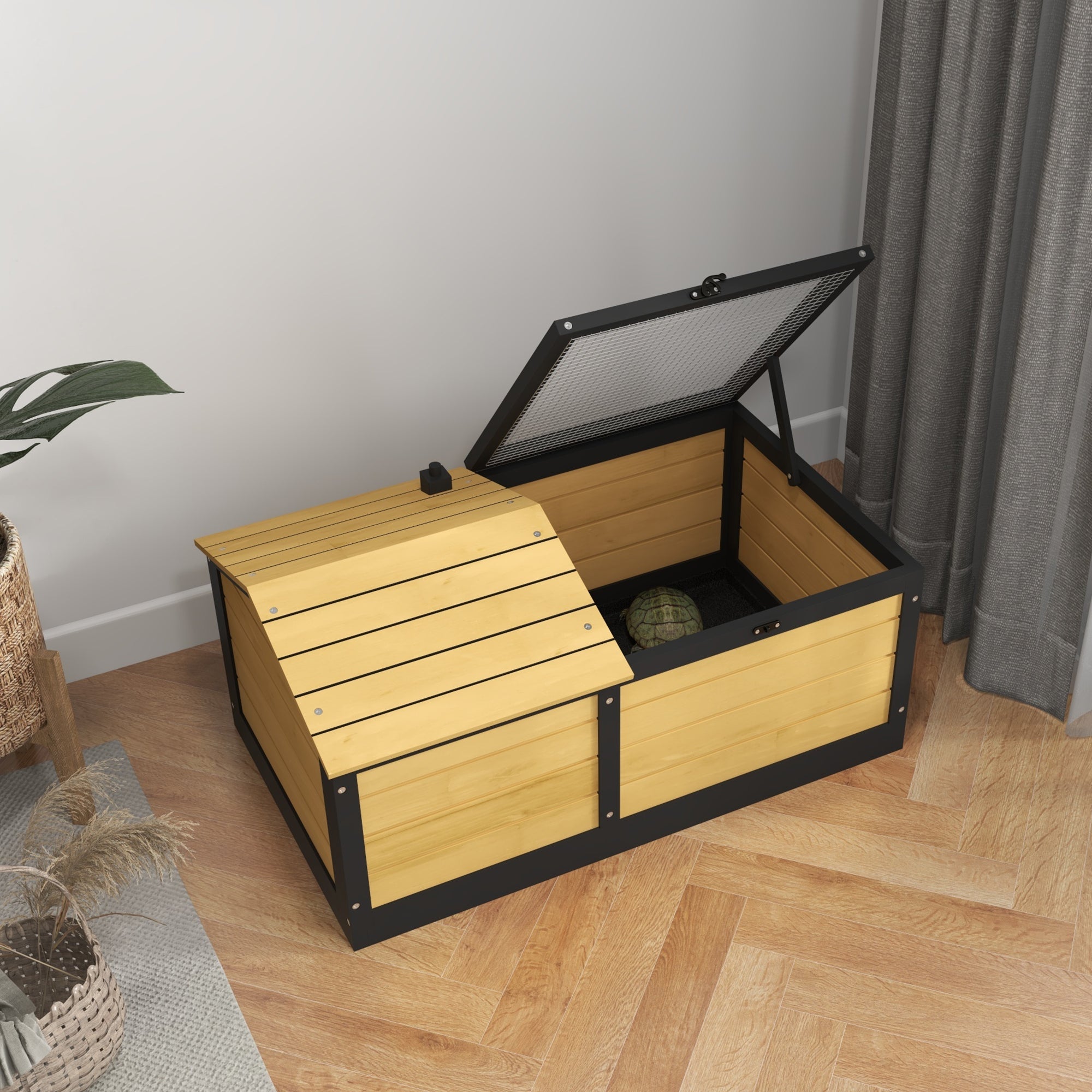 PawHut Wooden Tortoise House, Small Pet Reptile Shelter, with Hide Den and Run - Yellow 
