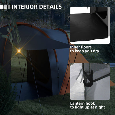 Outsunny Large Camping Tent Tunnel Tent with 2 Bedroom and Living Area, 2000mm Waterproof, Portable with Bag for 4-6 Man, Orange 