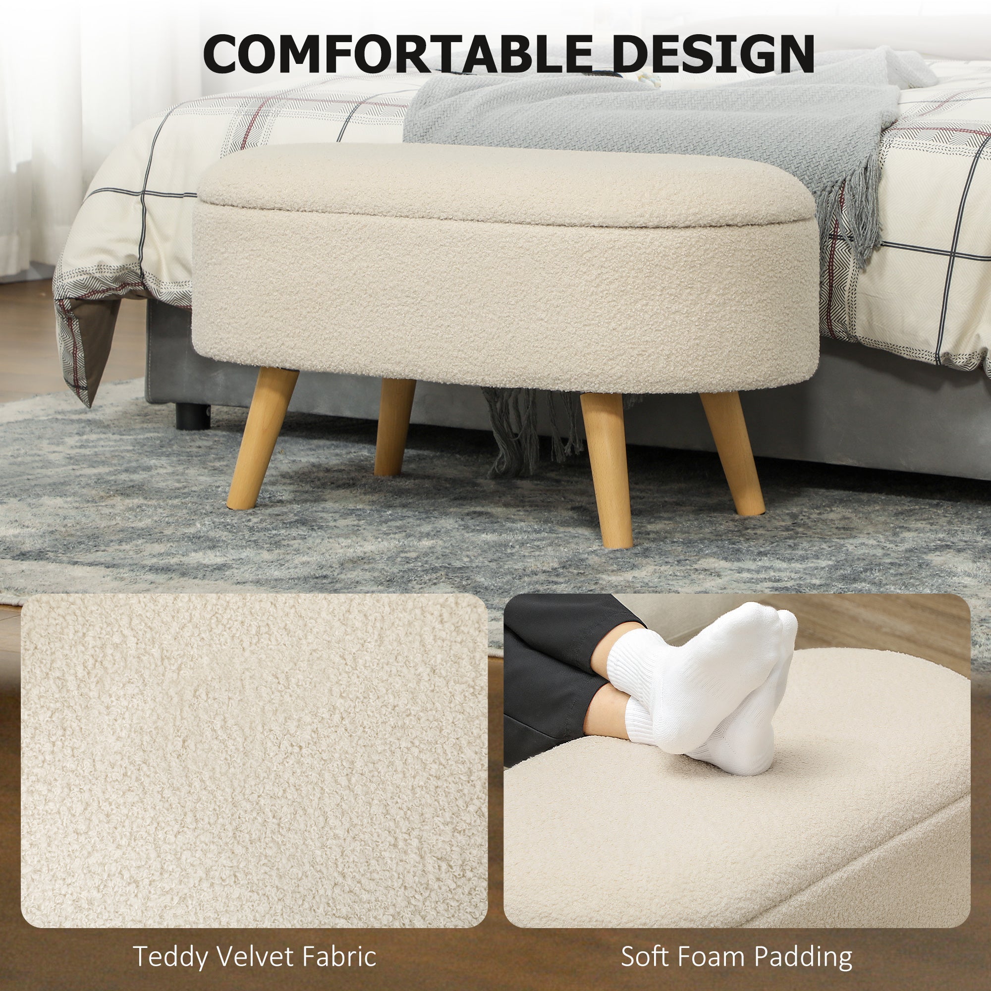 HOMCOM Teddy Fleece Storage Ottoman - Cream White 