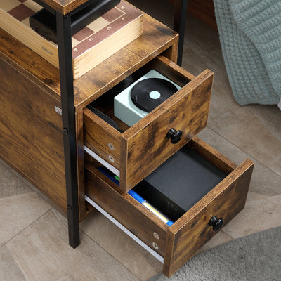 HOMCOM Set of 2 Side Table, Narrow Bedside Table with 2 Drawers and Storage Shelf, Industrial End Table with Metal Frame for Small Spaces, Rustic Brown 