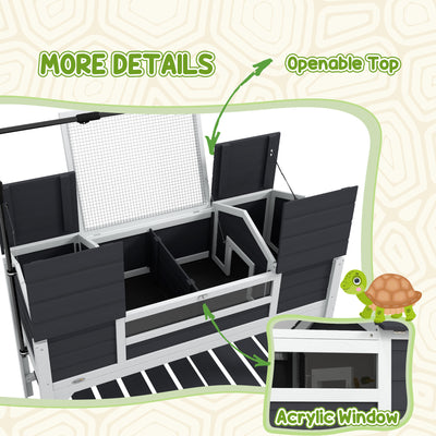 PawHut Wooden Tortoise Enclosure w/ Adjustable Lamp Holder, Openable Lid, Dual Main Houses, Storage Shelf, Fixed Tray - Grey 