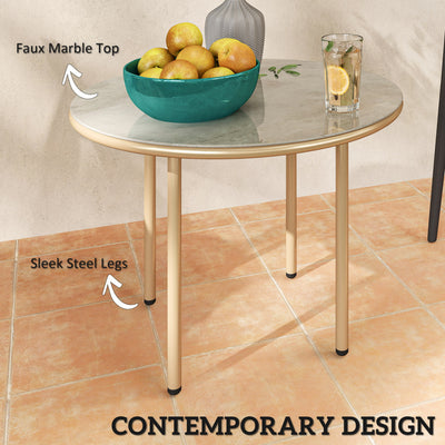 Outsunny Round Small Garden Table, 60cm Outdoor Side Table with Faux Marble Tempered Glass Top, Steel Frame for Garden Patio Balcony, Beige 