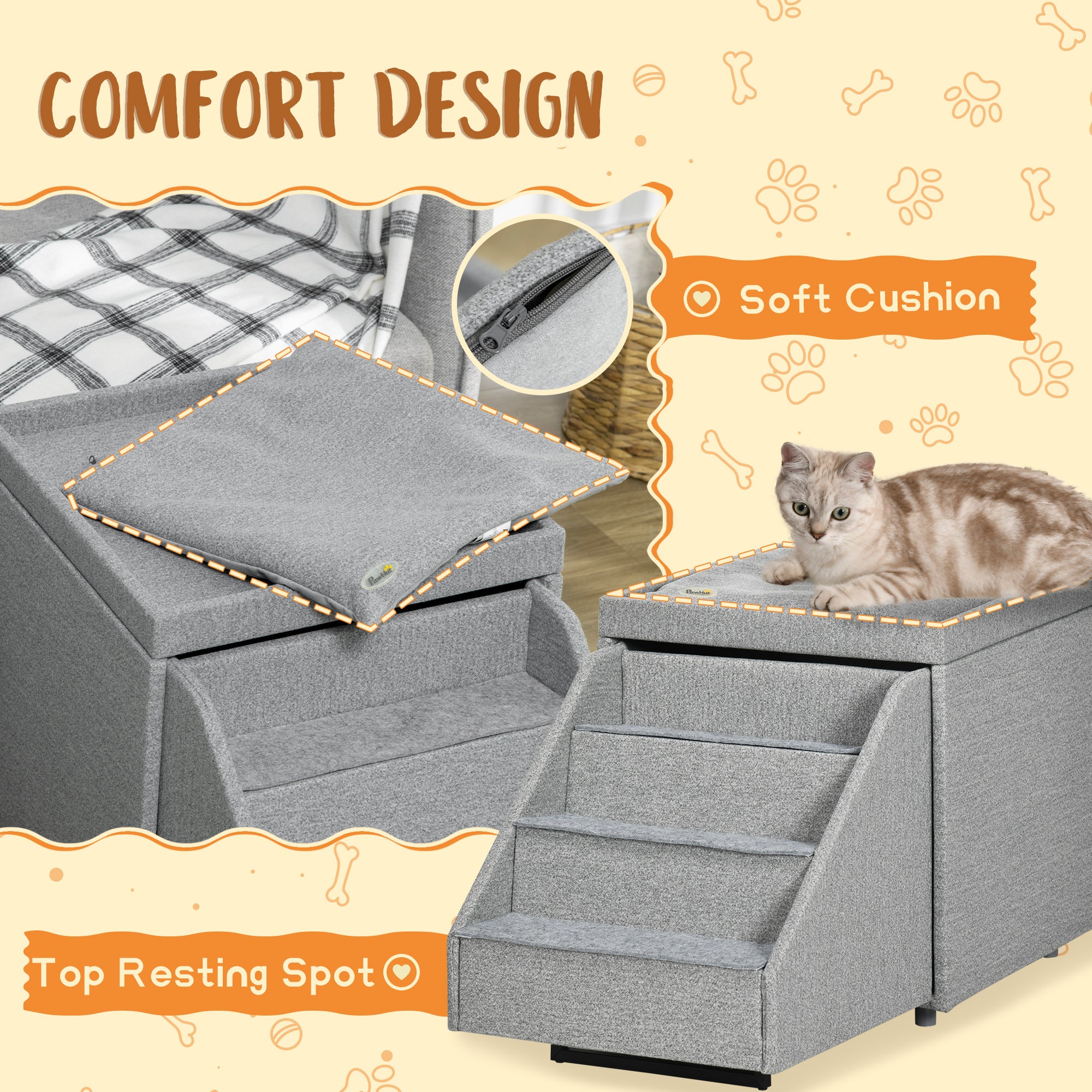 PawHut 2 in 1 Dog Steps Ottoman, Four-Tier Pet Stairs, for Small, Medium Dogs and Cats, with Storage Compartment - Grey 