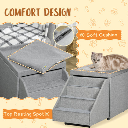 PawHut 2 in 1 Dog Steps Ottoman, Four-Tier Pet Stairs, for Small, Medium Dogs and Cats, with Storage Compartment - Grey 
