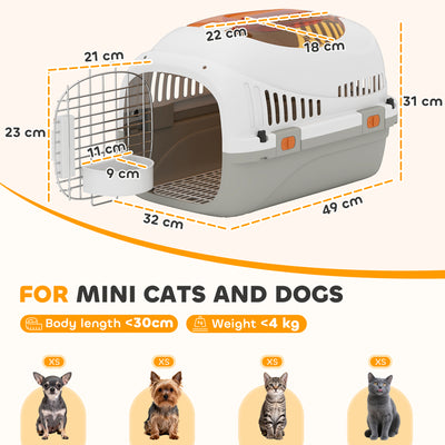 PawHut Plastic Pet Carrier Hard Shell Dog Cat Carrier Max 4 KG Steel Door Feed Bowl Secure Lock 49 x 32 x 31 cm 