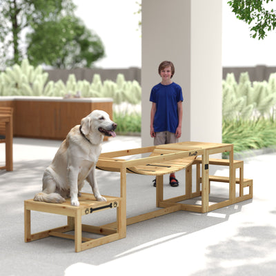 PawHut 3 Pieces Wooden Dog Agility Training Equipment with Soft Bridge, Pause Platform and Pet Stair for Outdoor, Natural Wood 