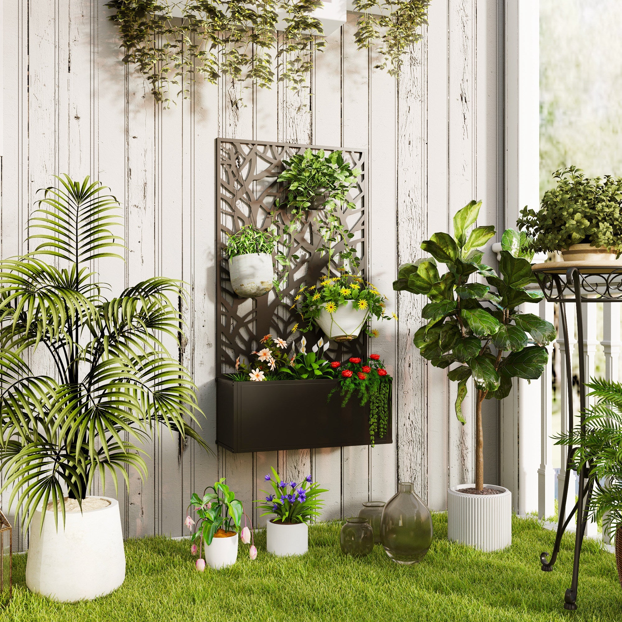 Outsunny Outdoor Metal Planter, with Back Trellis - Black 