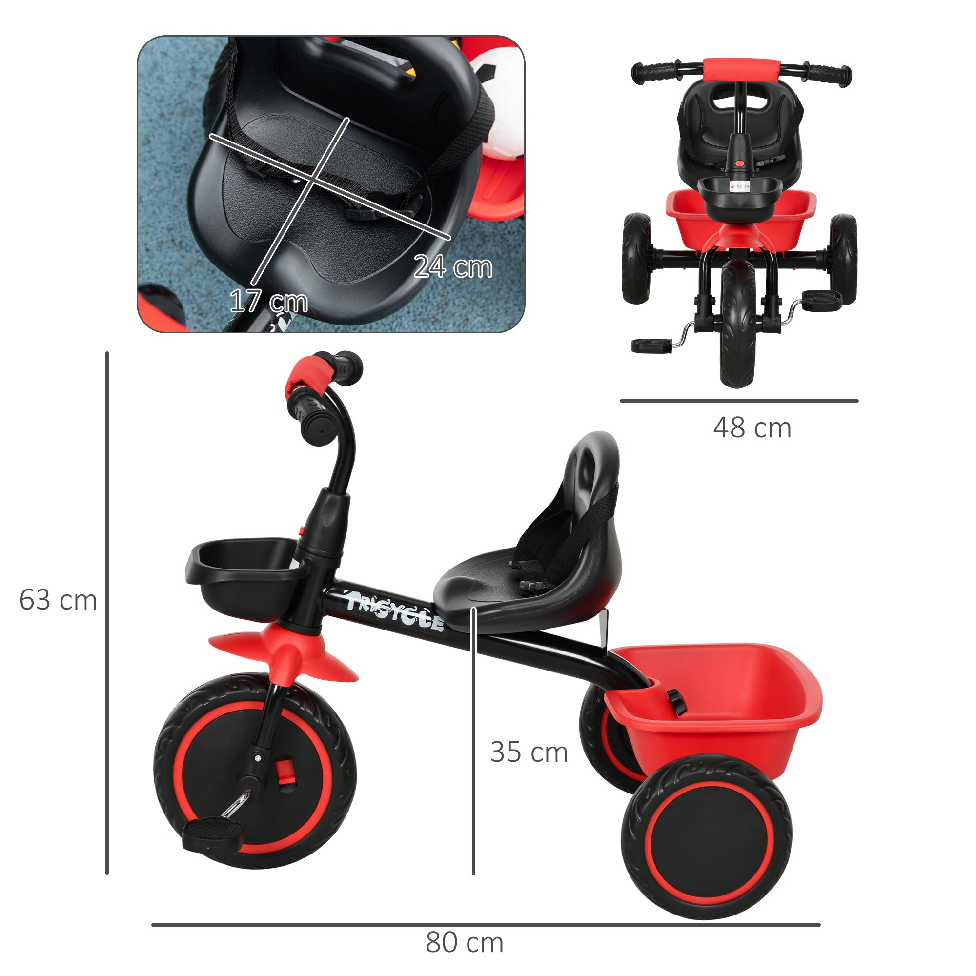 AIYAPLAY Kids Trike for 2-5 Years with Adjustable Seat, Pedal, Baskets, Red 