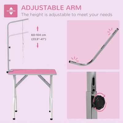 PawHut 32" Foldable Dog Grooming Table Pet Drying Beauty Table Adjustable Fixed Arm Rubber Top, Pink 