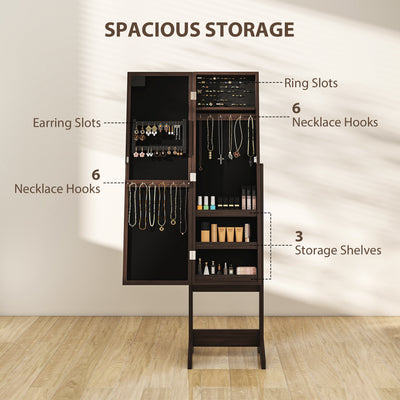 HOMCOM Free Standing Mirror Jewelry Cabinet with LED Lights, Jewellery Organiser with 3 Angle Adjustable, Full-Length Mirror with Storage for Earrings, Necklaces, Rings and Lipsticks, Dark Brown 