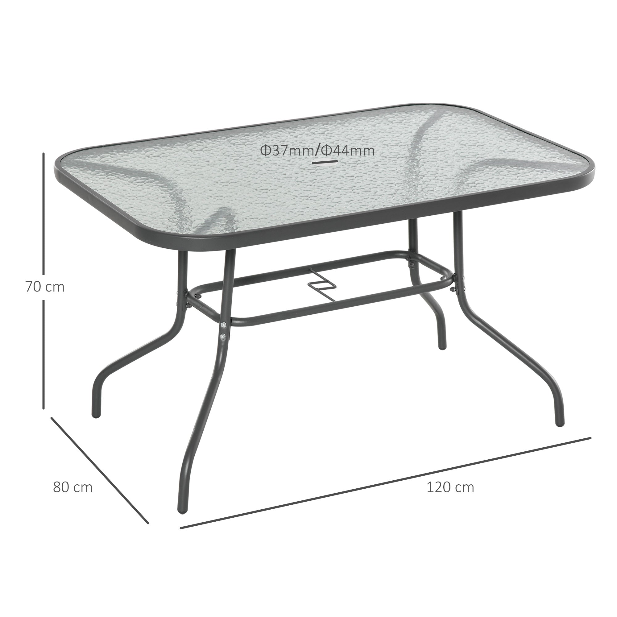 Outsunny Garden Dining Table Glass Top Metal Frame with Parasol Hole Outdoor Balcony Grey 120L x 80Wcm 