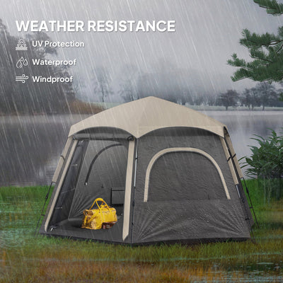 Outsunny Instant Camping Tent, 2/3/4 Person Easy Setup Family Tent with Vestibule, Rainfly, 4 Mesh Windows & 2 Doors, Hexagonal Design, Waterproof UV Protected Dome Tent, Dark Grey 