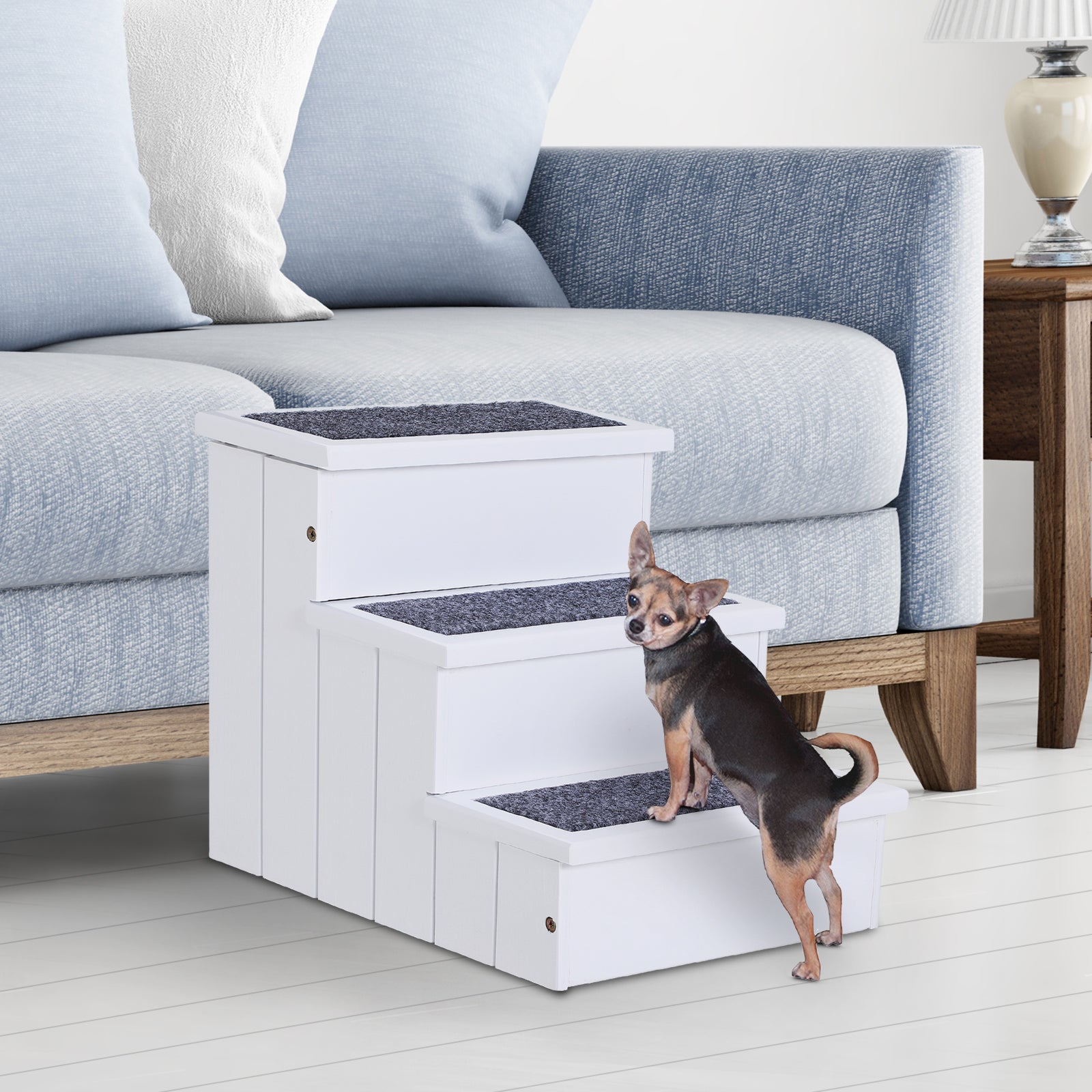 PawHut 3 Step Wooden Dog Steps Pet Stairs for Dogs, Cat Ladder for Bed Couch with Storage White 