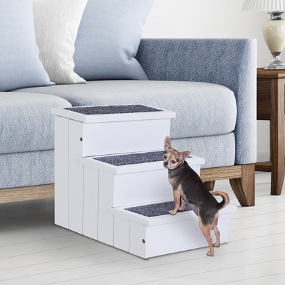 PawHut 3 Step Wooden Dog Steps Pet Stairs for Dogs, Cat Ladder for Bed Couch with Storage White 