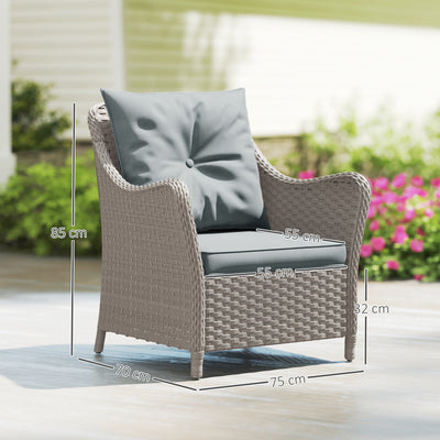 Outsunny Rattan Garden Chairs Set of 2, Outdoor Rattan Chairs with Cushions, Armrests and High Back, PE Wicker Garden Armchair with Steel Frame for Balcony, Porch, Light Grey 