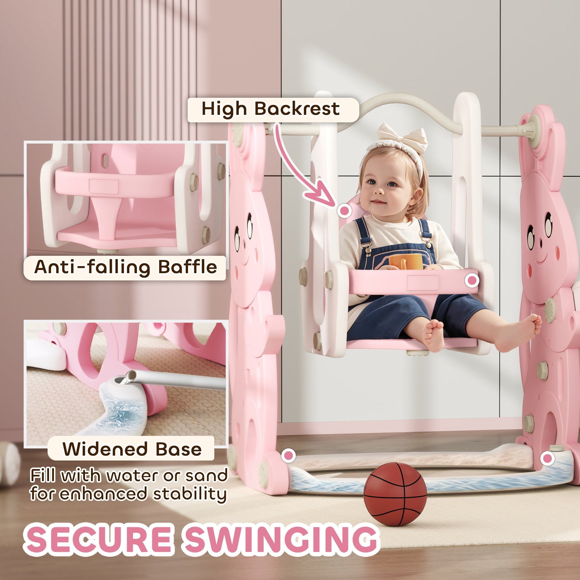 AIYAPLAY 4 in 1 Kids Slide and Swing Set with Climber, Basketball Hoop, Rabbit-Themed, Pink 