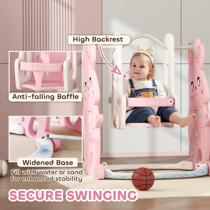 AIYAPLAY 4 in 1 Kids Slide and Swing Set with Climber, Basketball Hoop, Rabbit-Themed, Pink 