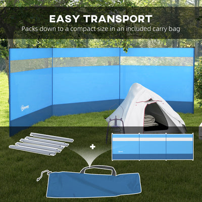 Outsunny Camping Windbreaker with Clear Windows, Carry Bag and Steel Poles, for Beach Caravan Campervan, 440 x 140cm, Blue 