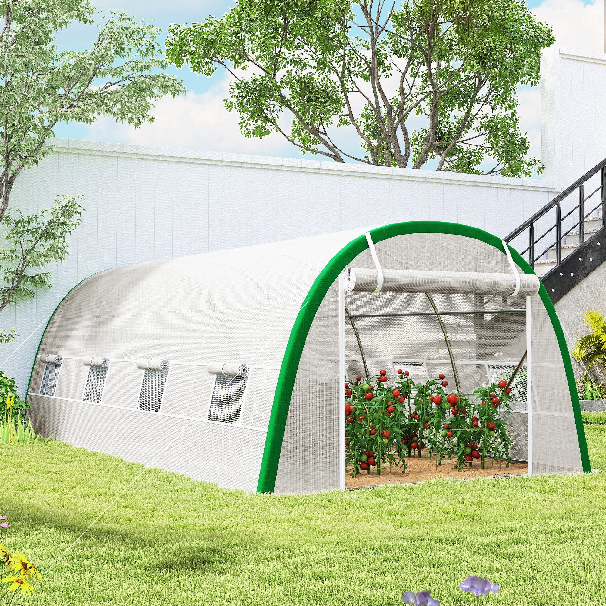 Outsunny Walk-in Polytunnel Greenhouse Tunnel Warm House Tent with Zipped Doors, 8 Mesh Windows, PE Cover, 6 x 3 m, White 
