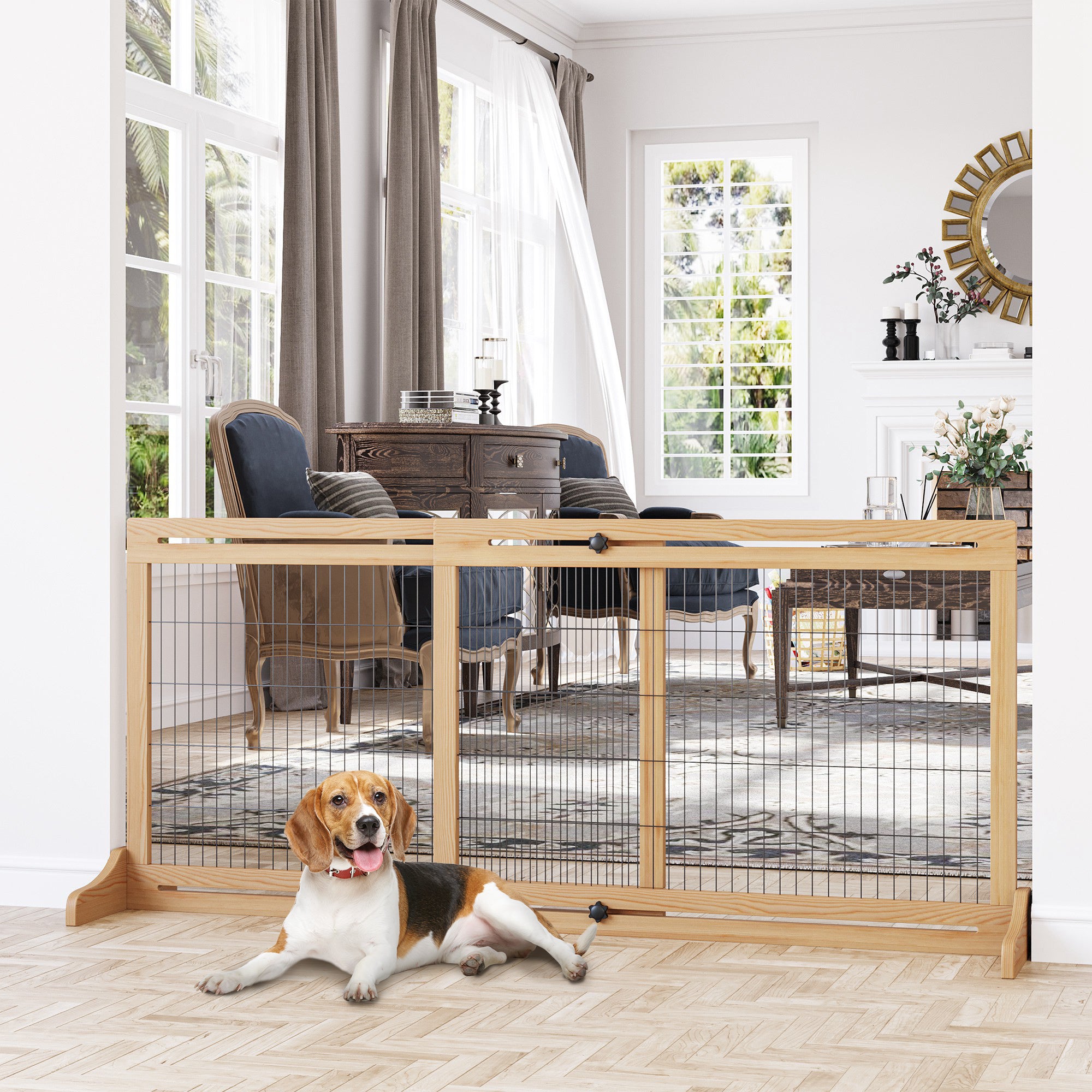 PawHut Freestanding Dog Gate, Foldable Pet Fence, Indoor Wood Barrier, Stair Gate with Support Feet, for Doorway, Hallway, Small and Medium Dogs, 69H x 104-183 cm, Natural Wood Effect 