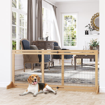 PawHut Freestanding Dog Gate, Foldable Pet Fence, Indoor Wood Barrier, Stair Gate with Support Feet, for Doorway, Hallway, Small and Medium Dogs, 69H x 104-183 cm, Natural Wood Effect 