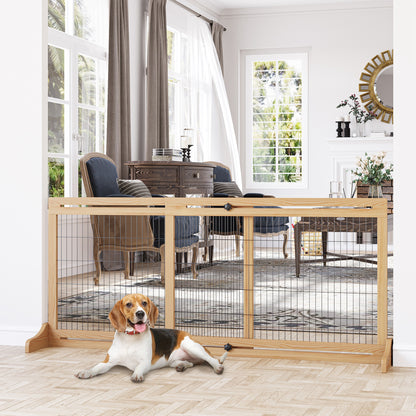PawHut Freestanding Dog Gate, Foldable Pet Fence, Indoor Wood Barrier, Stair Gate with Support Feet, for Doorway, Hallway, Small and Medium Dogs, 69H x 104-183 cm, Natural Wood Effect 
