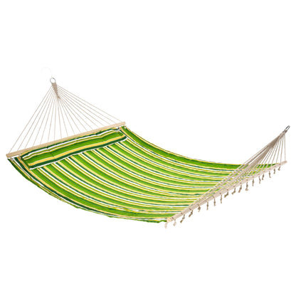Outsunny Double Cotton Hammock Camping Swing Outdoor Garden Beach Stripe Hanging Bed with Pillow 188L x 140W cm, Green 