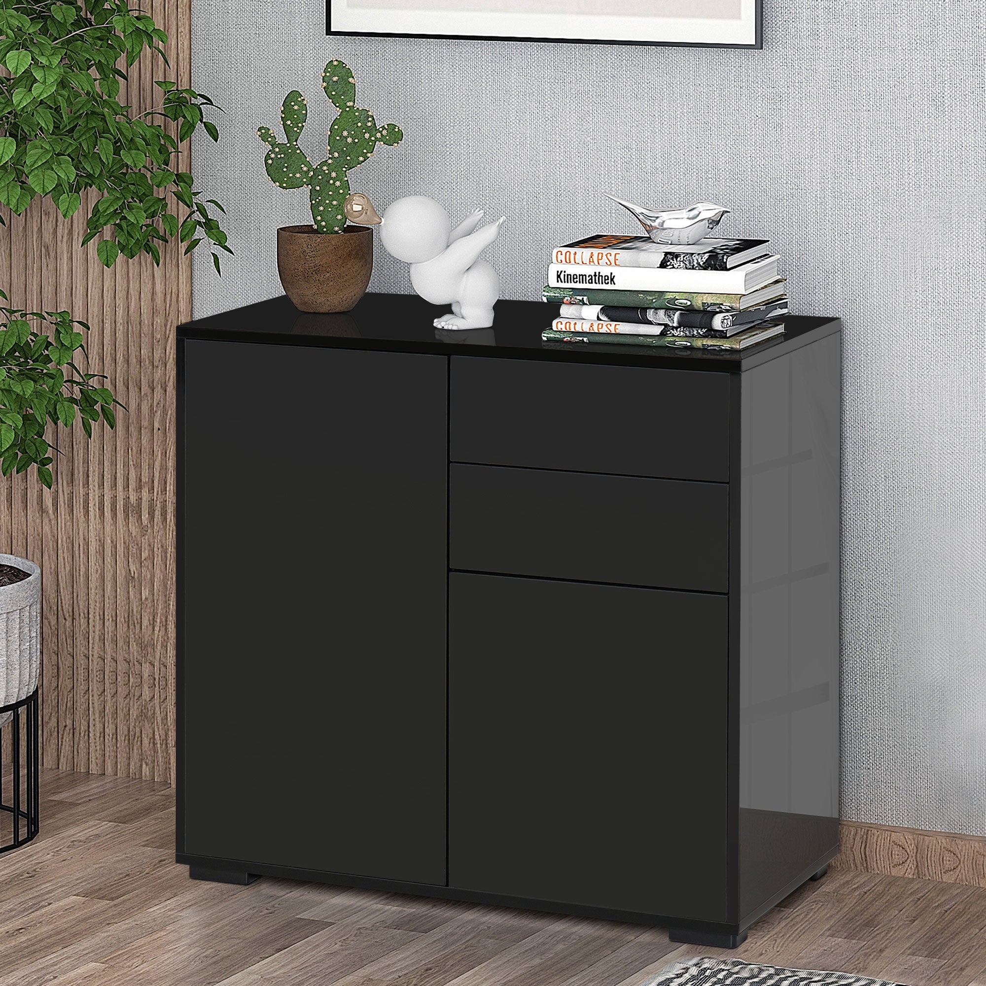 HOMCOM High Gloss Frame Sideboard, Push-Open Design with 2 Drawers for Living Room, Bedroom, 74H x 79W x 36Dcm, Black 