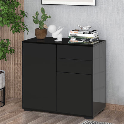 HOMCOM High Gloss Frame Sideboard, Push-Open Design with 2 Drawers for Living Room, Bedroom, 74H x 79W x 36Dcm, Black 