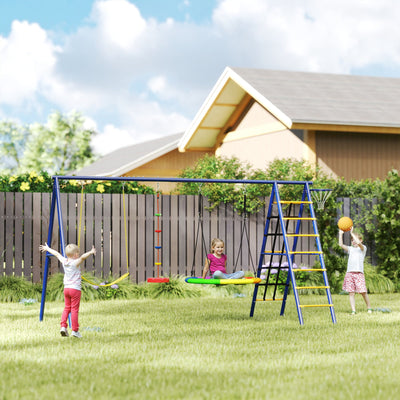 AIYAPLAY 6 in 1 Metal Kids Swing Set with 3 Swings, Climbing Ladder & Net, Basketball Hoop, for Ages 3-8 