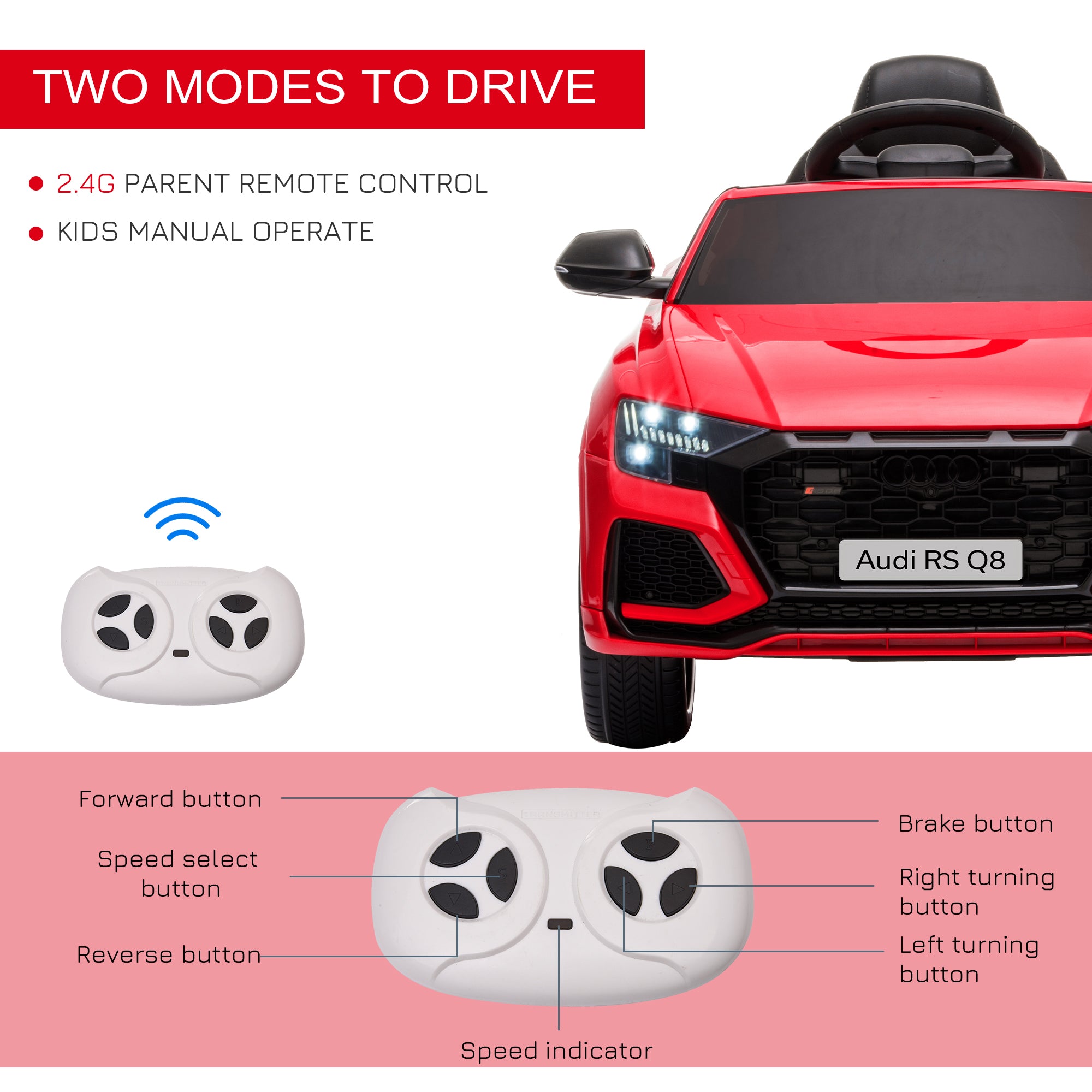 HOMCOM Audi RS Q8 Licensed Electric Car for Kids, 6V Kids' Electric Ride on with Remote Control, 7Ah Big Battery, Lights Bluetooth, Music USB MP3, for 3-5 Years Old, Red 
